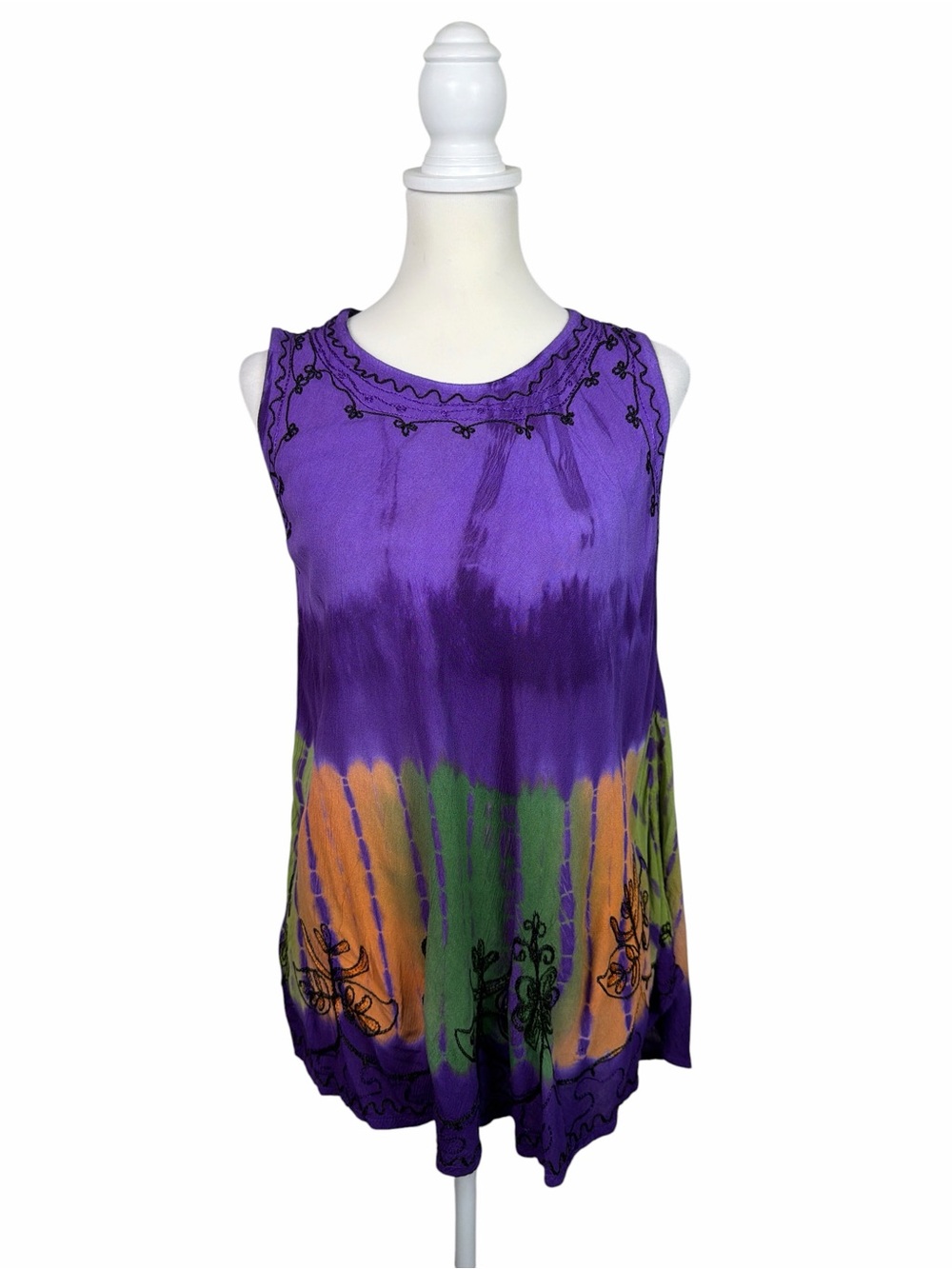 Boho Tie Dye Embroidered Tunic Free Size Purple Sleeveless Festival Cover Up